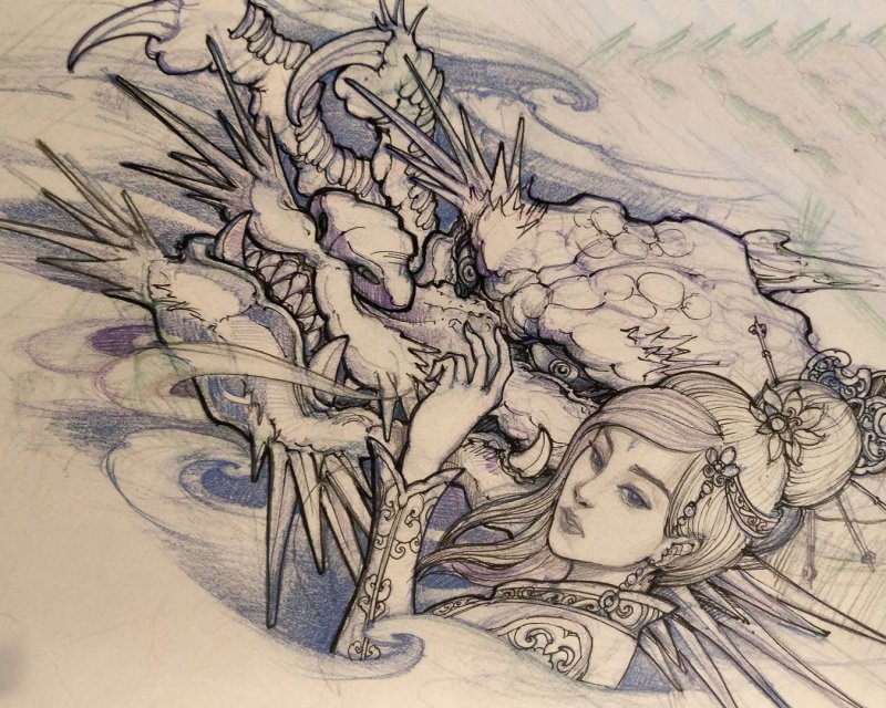 用前卫的水墨方式来呈现经典的神话形象，中国韵味自然浓郁。龙篇开的大嘴宣示着自己的凶猛，锋利的牙齿闪着寒光，眼神坚定，栩栩如生。